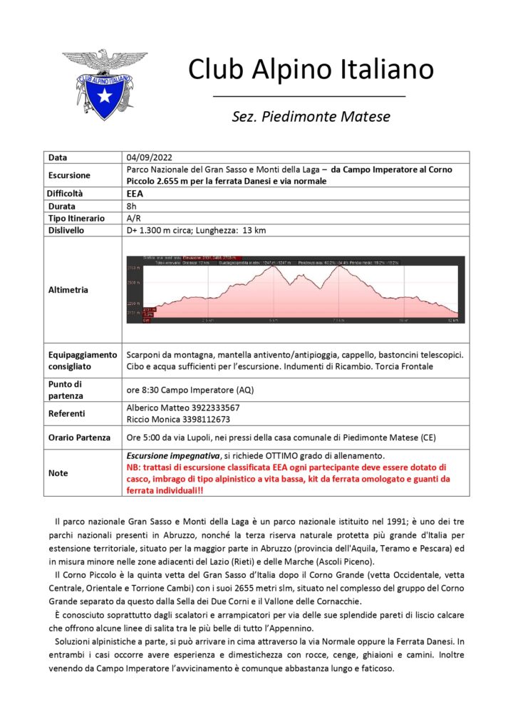 04/09/2022 - Parco Nazionale del Gran Sasso e Monti della Laga – da Campo Imperatore al Corno Piccolo 2.655 m per la ferrata Danesi e via normale