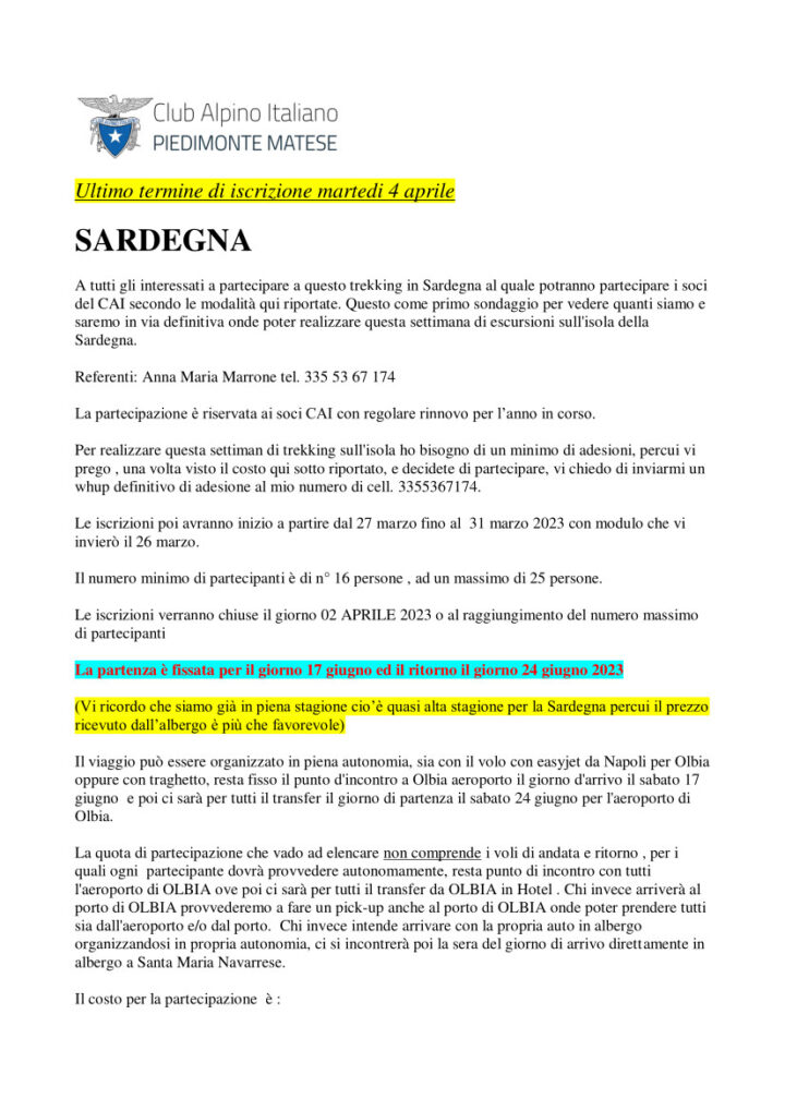 SARDEGNA – TERMINE ISCRIZIONI 04/04/2023