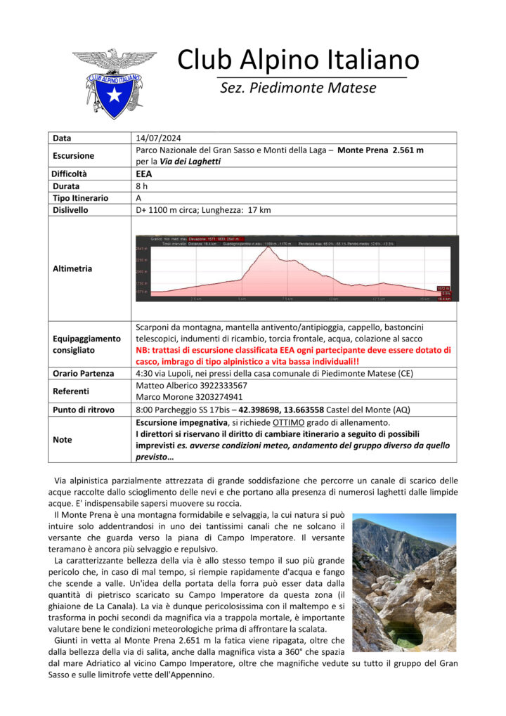 14/07/2024 - PARCO NAZIONALE DEL GRAN SASSO E MONTI DELLA LAGA: MONTE PRENA 2561 m PER LA VIA DEI LAGHETTI